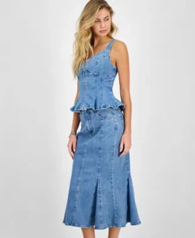 Guess Womens Anika Denim Peplum Top Lia Denim Midi Skirt In Blue