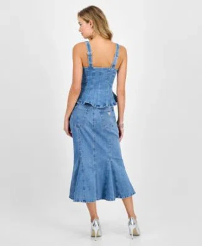 Guess Womens Anika Denim Peplum Top Lia Denim Midi Skirt In Blue