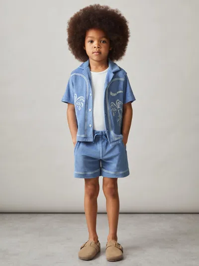 Reiss Airforce Blue Towelling Palm-embroidered Shirt In Blue