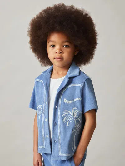 Reiss Airforce Blue Towelling Palm-embroidered Shirt In Blue