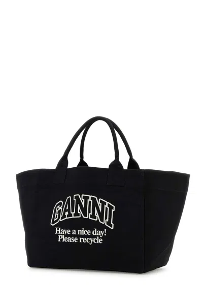 Ganni Black Canvas Shopping Bag In Black