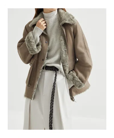 Brunello Cucinelli Lapel Long Sleeve Cotton Coat In Brown