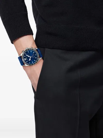 Versace Greca Chrono Wave Leather Watch In Blue