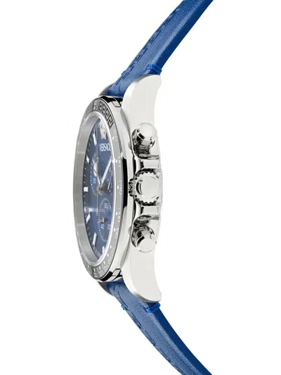 Versace Greca Chrono Wave Leather Watch In Blue