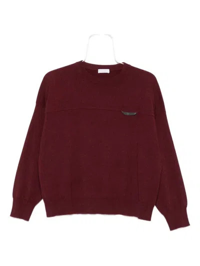 Brunello Cucinelli Crew Neck Cashmere Sweater With Embroidered Detail In Red