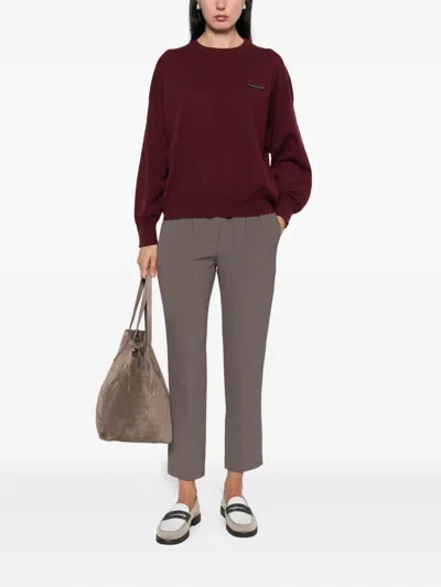 Brunello Cucinelli Crew Neck Cashmere Sweater With Embroidered Detail In Red