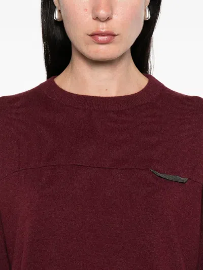 Brunello Cucinelli Crew Neck Cashmere Sweater With Embroidered Detail In Red