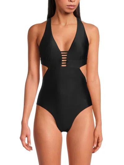Red Carter Shine Solids Strappy Swimsuit In Black