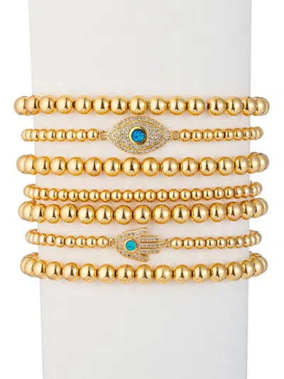 Eye Candy La Women's Luxe Collection Set Of 7 18k Goldplated Brass & Cubic Zirconia Hamsa & Evil Eye Beaded Stret