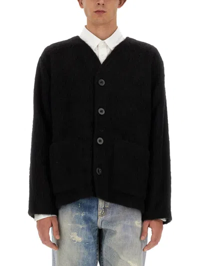 Our Legacy Textured V-neck Cardigan With Button-down Front In Black