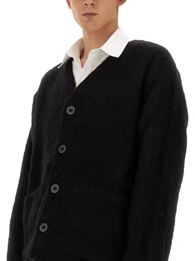 Our Legacy Textured V-neck Cardigan With Button-down Front In Black