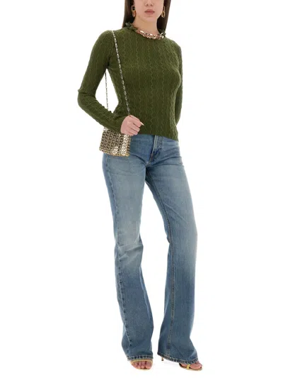 Rabanne Textured Knit Sweater With Braided Detail In Green