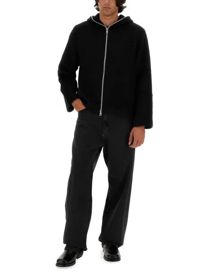 Our Legacy Textured Full Zip Hood Sweatshirt With Cozy Hood In Black