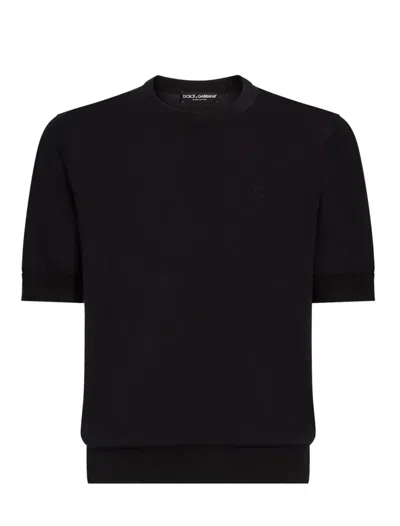 Dolce & Gabbana Silk Round-neck Sweater With Dg Embroidery In Black