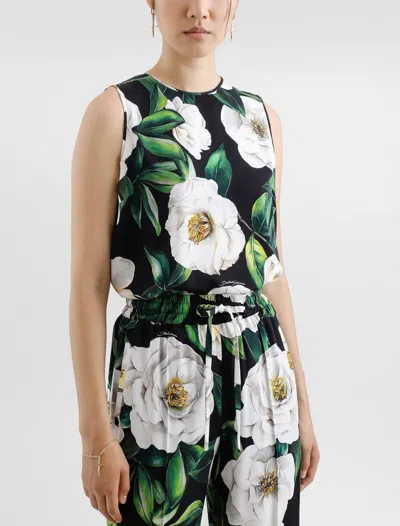 Dolce & Gabbana Gardenia Print Stretch Silk Charmeuse Sleeveless Top