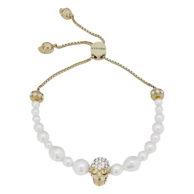 Alexander Mcqueen Skull And Pearl Friendship Bracelet In Gold