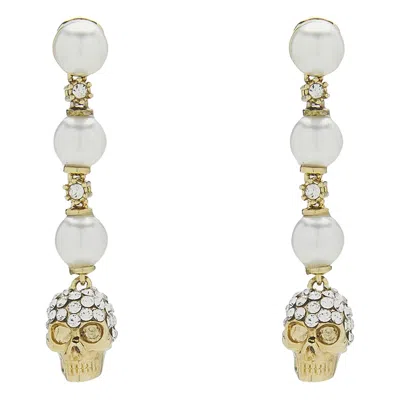 Alexander Mcqueen Dangling Pearl Skull Crystal Earrings In White