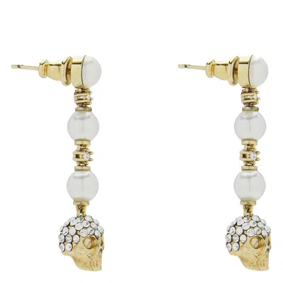 Alexander Mcqueen Dangling Pearl Skull Crystal Earrings In White