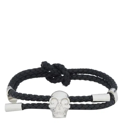 Alexander Mcqueen Skull Braided Leather Cord Bracelet Accessories In Black