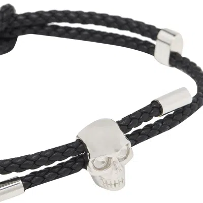 Alexander Mcqueen Skull Braided Leather Cord Bracelet Accessories In Black
