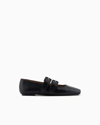 Emporio Armani Nappa-leather Square-toed Ballerinas With Double Strap