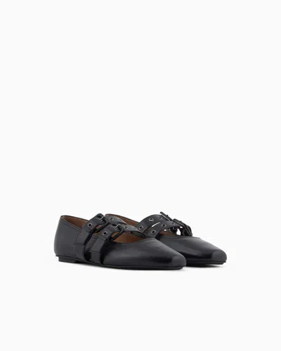 Emporio Armani Nappa-leather Square-toed Ballerinas With Double Strap