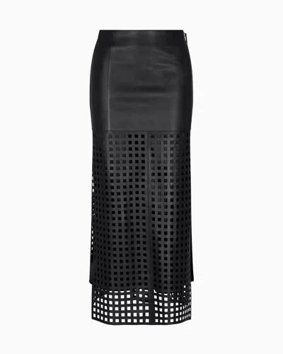 Emporio Armani Polygon Capsule Collection Midi Skirt In Vegetable-tanned Nappa Leather With Laser-cut Perforations In Black