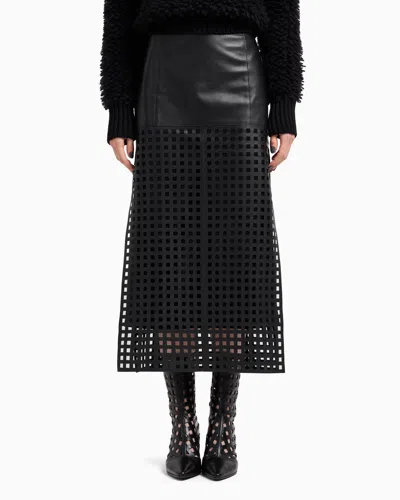 Emporio Armani Polygon Capsule Collection Midi Skirt In Vegetable-tanned Nappa Leather With Laser-cut Perforations In Black
