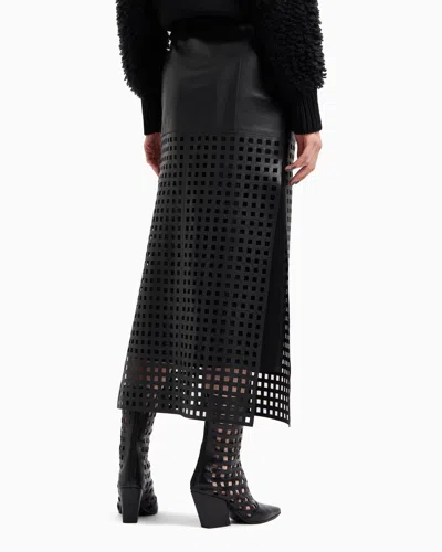 Emporio Armani Polygon Capsule Collection Midi Skirt In Vegetable-tanned Nappa Leather With Laser-cut Perforations In Black