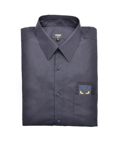 Fendi Men Embroidered Monster Pocket Sport Dress Shirt Black