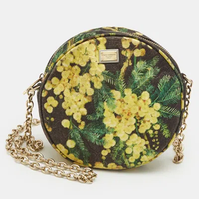 Pre-owned Dolce & Gabbana Yellow/black Floral Canvas Miss Glam Round Crossbody Bag