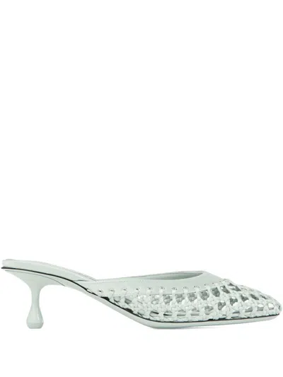 Jimmy Choo 50mm Pixie Woven Leather Studded Mules In Green