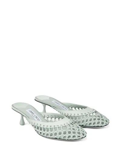 Jimmy Choo 50mm Pixie Woven Leather Studded Mules In Green