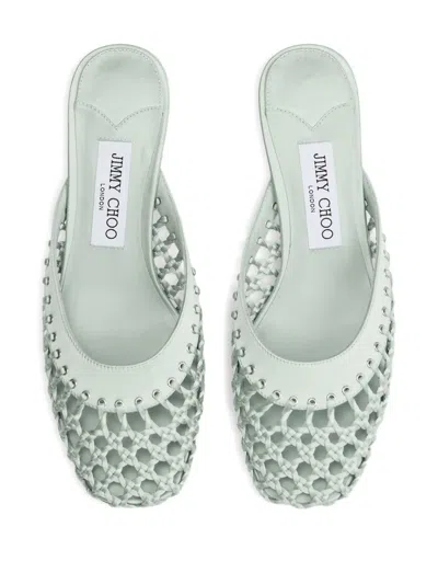 Jimmy Choo 50mm Pixie Woven Leather Studded Mules In Green