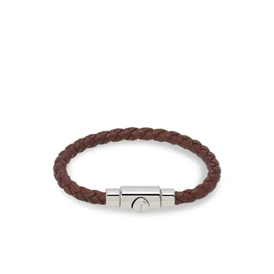 Ferragamo Braided Leather Bracelet With Palladium Finishing In Brown
