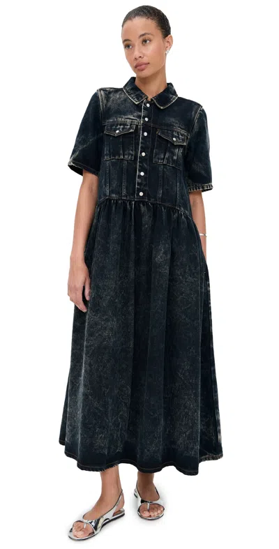 Ganni Light Denim Long Dress Black Washed In Black