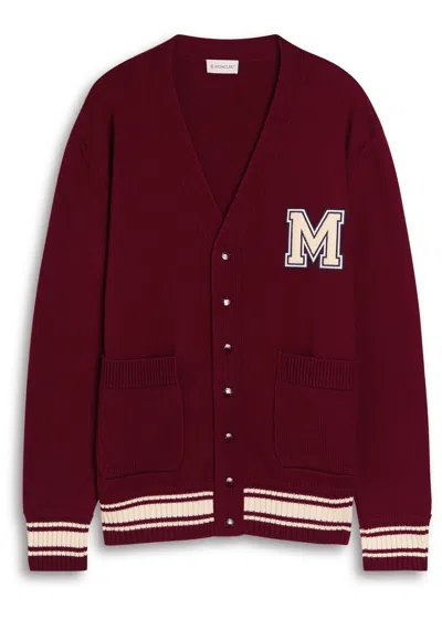 Moncler Monogram Patch Virgin Wool Cardigan In Burgundy