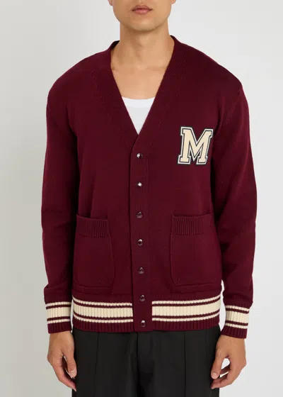 Moncler Monogram Patch Virgin Wool Cardigan In Burgundy