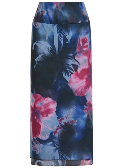 Free People Sunset Floral-print Chiffon Midi Skirt In Blue