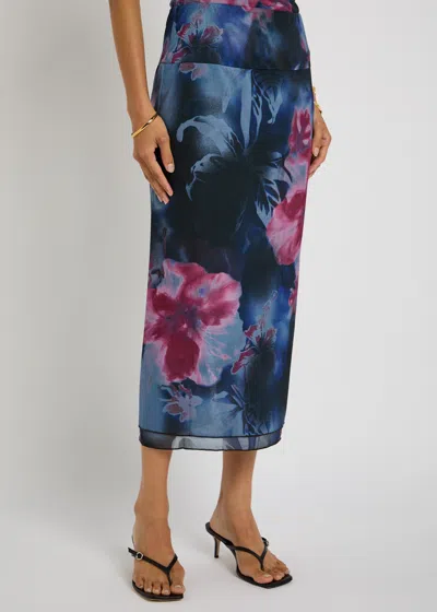 Free People Sunset Floral-print Chiffon Midi Skirt In Blue