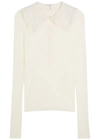 Chloé Chloe Ribbed Lace-trimmed Wool Top