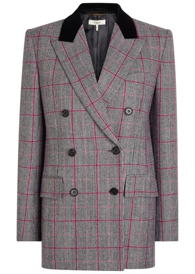 Chloé Double-breasted Velvet-trimmed Checked Wool Blazer