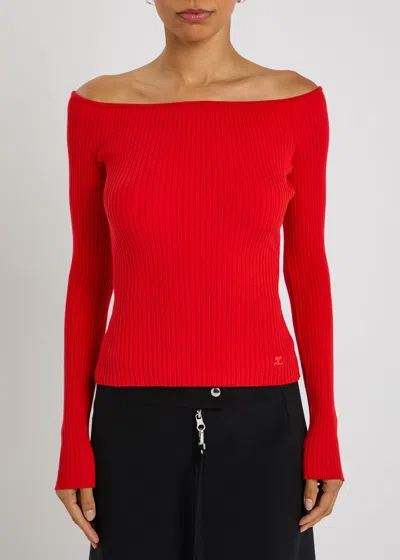 Courrèges Off Shoulder Ribbed Knit Top In Red