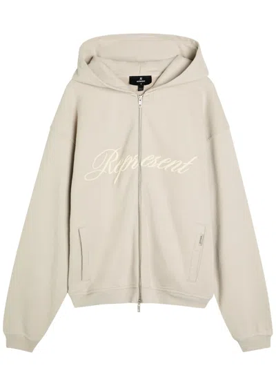 Represent Script Logo Zip Hooded Cotton Sweatshirt In Neutral