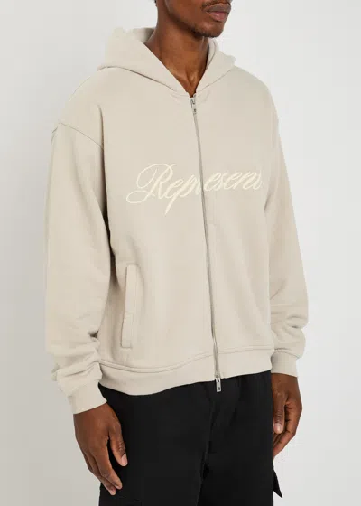 Represent Script Logo Zip Hooded Cotton Sweatshirt In Neutral
