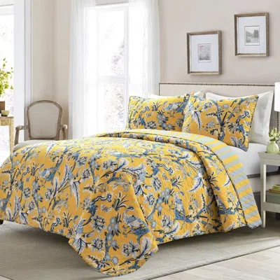 Hivvago Yellow Blue Peacocks Floral Lightweight Polyester 3-piece Quilt Set In Yellow