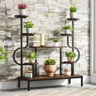 Hivvago Modern Industrial Metal Wood Stepped Shelf Bookcase Plant Stand Shelving Unit In Brown