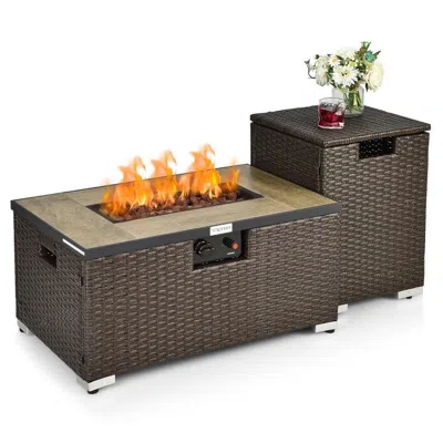 Hivvago Outdoor Propane Fire Pit With Side Table Tank Holder In Brown Pe Rattan In Brown