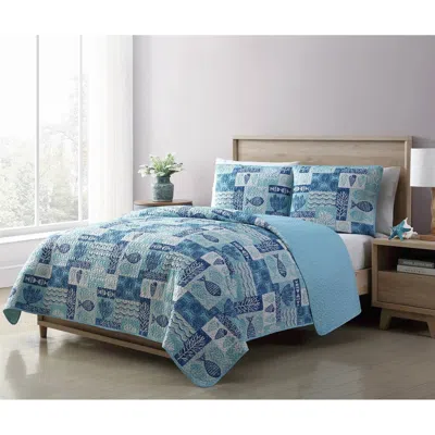 Hivvago Aqua Blue Cream Beach Sea Shells Coral Fish Coastal 3-piece Quilt Set In Blue