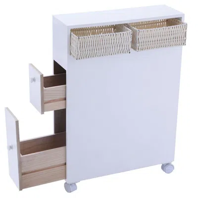 Hivvago White Bathroom Storage Floor Cabinet With Baskets And Casters In White